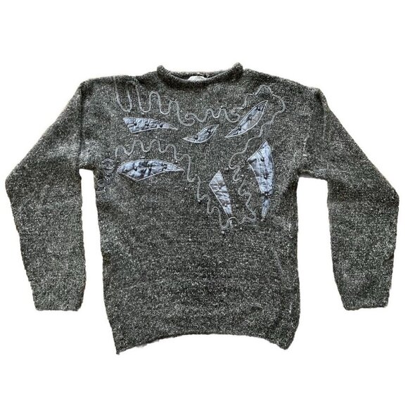 Jessica Silk Angora Knit Pullover Sweater Vintage Grey w/ Beaded Satin Applique - Picture 3 of 7